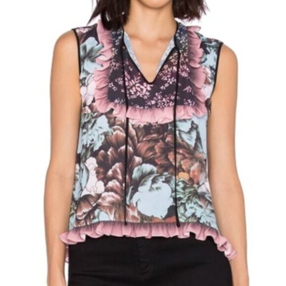 CLOVER CANYON ANTHROPOLOGIE Floral Sunset Ruffled Top Blue Pink Sleeveless Boho - Picture 3 of 14